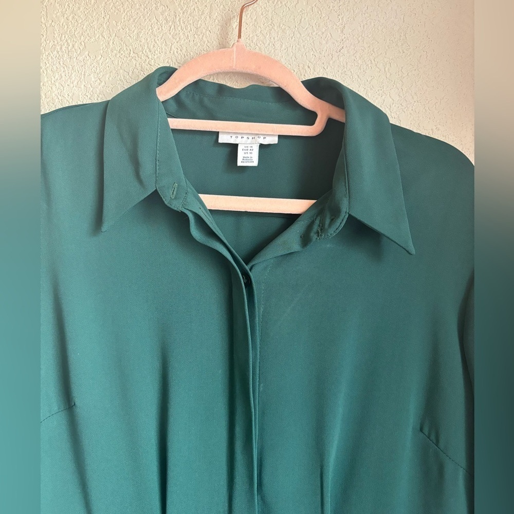 Topshop Dark Green Pleated Long Sleeve Button Up Structured Shirtdress US10 - Picture 8 of 10